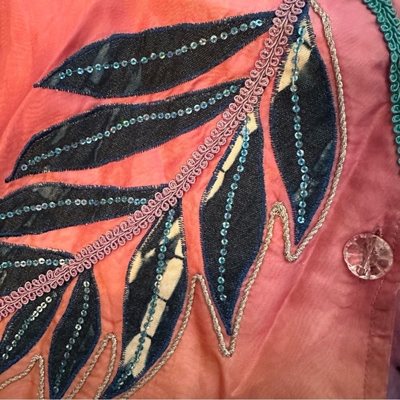 Anage Womens 100% Silk Embroidered Flowers Patchwork Jacket M palm tree pink - Picture 4 of 6